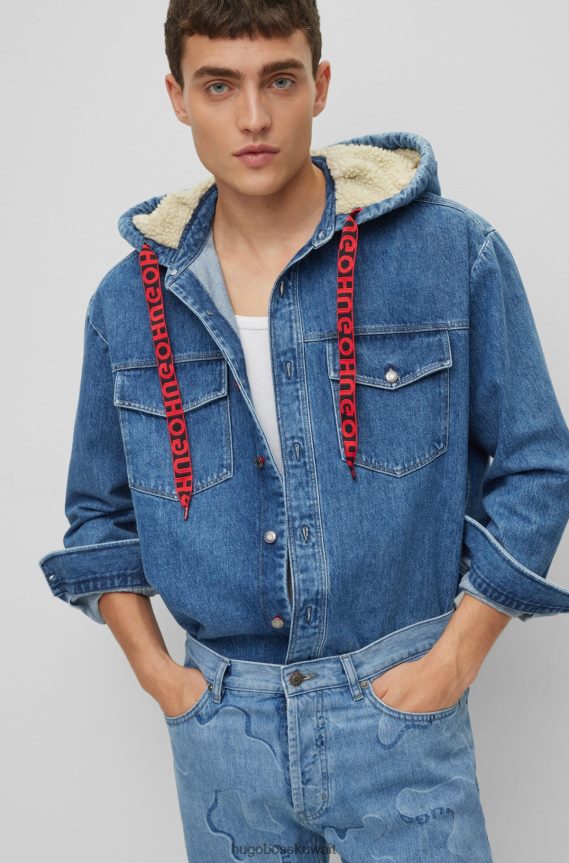 4TFNJN3873 أزرق فاتح Hugo Boss قميص علوي من الدنيم مقاس كبير باللون الأزرق الفاتح مع غطاء محرك السيارة مبطن بالتيدي