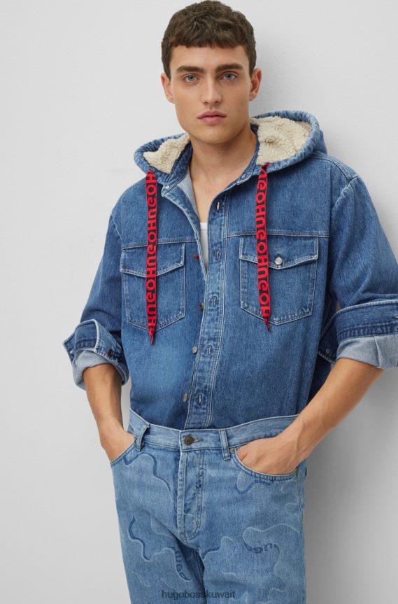 4TFNJN3873 أزرق فاتح Hugo Boss قميص علوي من الدنيم مقاس كبير باللون الأزرق الفاتح مع غطاء محرك السيارة مبطن بالتيدي