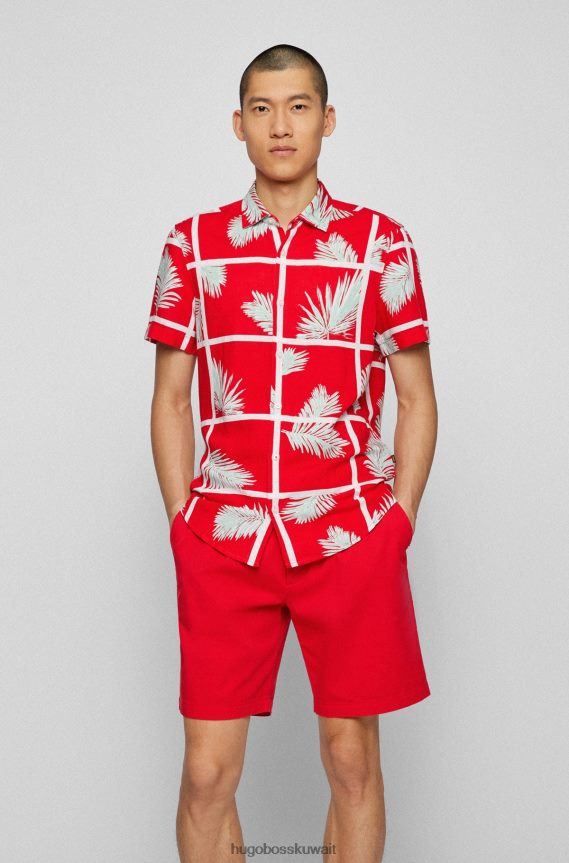 4TFNJN3877 أحمر Hugo Boss قميص Hugo ذو المقاس العادي مصنوع من قماش مزيج الكتان بطبعة النخيل باللون الأحمر