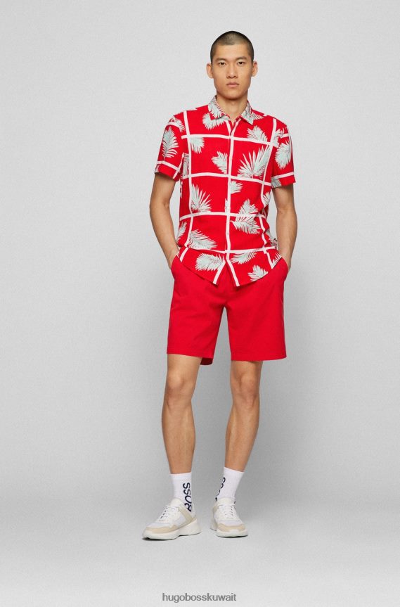 4TFNJN3877 أحمر Hugo Boss قميص Hugo ذو المقاس العادي مصنوع من قماش مزيج الكتان بطبعة النخيل باللون الأحمر