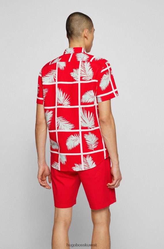4TFNJN3877 أحمر Hugo Boss قميص Hugo ذو المقاس العادي مصنوع من قماش مزيج الكتان بطبعة النخيل باللون الأحمر