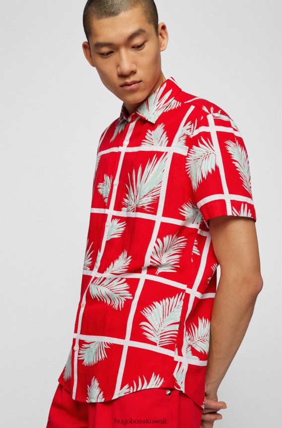 4TFNJN3877 أحمر Hugo Boss قميص Hugo ذو المقاس العادي مصنوع من قماش مزيج الكتان بطبعة النخيل باللون الأحمر