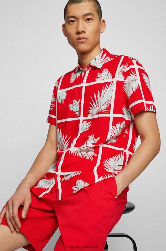 4TFNJN3877 أحمر Hugo Boss قميص Hugo ذو المقاس العادي مصنوع من قماش مزيج الكتان بطبعة النخيل باللون الأحمر