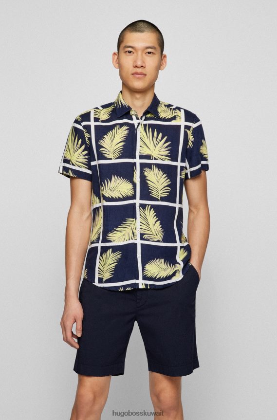 4TFNJN3878 أزرق غامق Hugo Boss قميص بقصة عادية مصنوع من قماش هوغو المصنوع من مزيج الكتان بطبعات النخيل باللون الأزرق الداكن