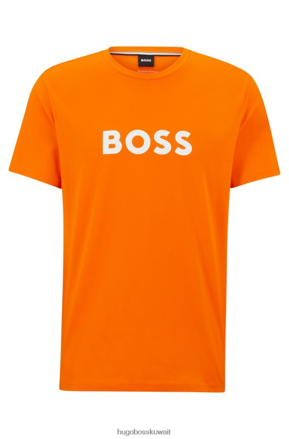 4TFNJN3882 البرتقالي Hugo Boss تي شيرت من القطن العضوي بقصة مريحة مع شعار متباين باللون البرتقالي