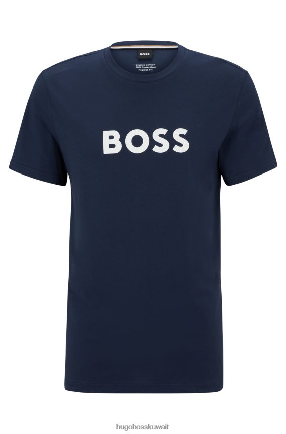 4TFNJN3886 أزرق غامق Hugo Boss تي شيرت من القطن العضوي بقصة مريحة مع شعار متباين باللون الأزرق الداكن