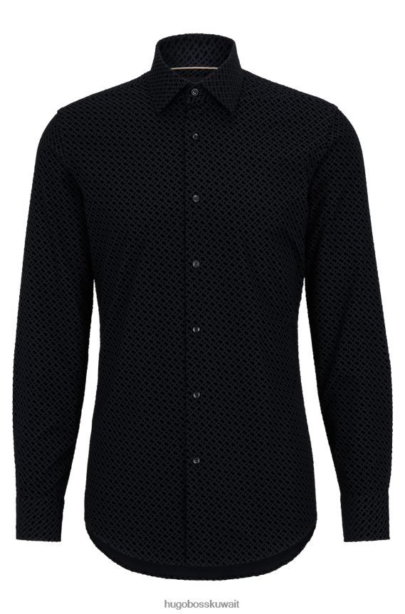 4TFNJN3891 أسود Hugo Boss قميص Hugo ذو قصة ضيقة من القطن مع طباعة قطيع أحادية اللون باللون الأسود