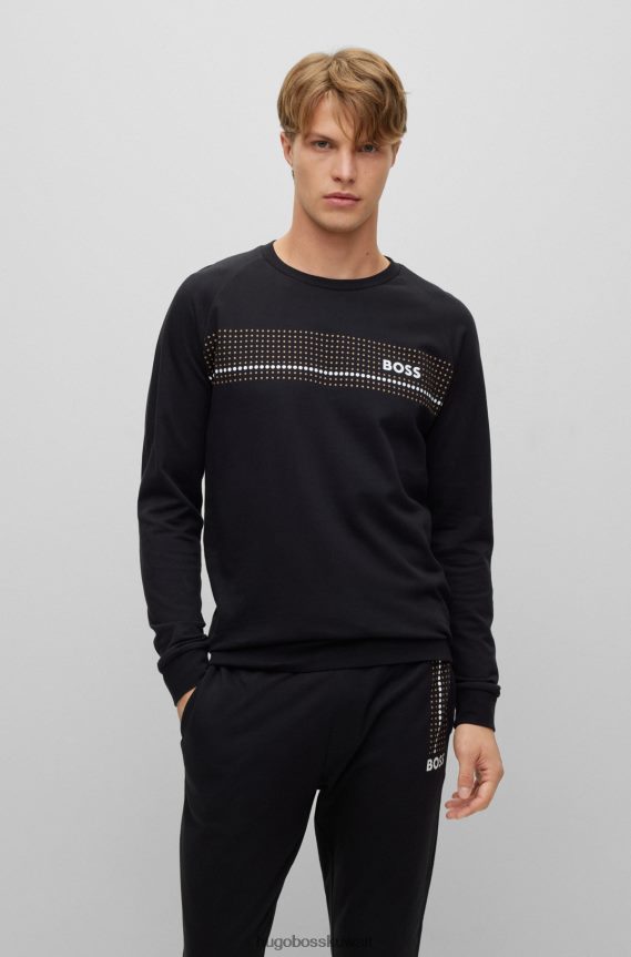 4TFNJN3892 أسود Hugo Boss سويت شيرت من قطن تيري مع خطوط منقطة وشعار هوغو باللون الأسود