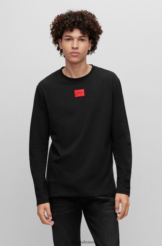 4TFNJN3894 أسود Hugo Boss تي شيرت من الجيرسي القطني يحمل شعار هوغو باللون الأحمر باللون الأسود