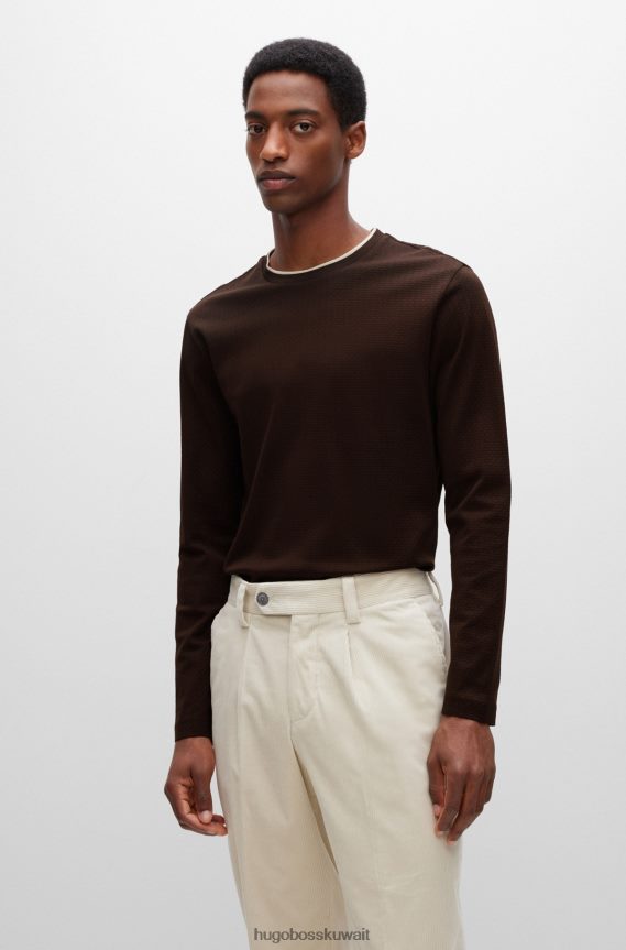 4TFNJN3905 بني Hugo Boss تي شيرت Hugo من القطن المرسيري مع هيكل منسوج على شكل سلة باللون البني
