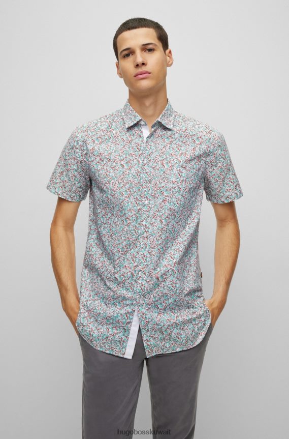 4TFNJN3907 أبيض Hugo Boss قميص أبيض بقصّة ضيّقة مصنوع من قطن هوغو المطاطي المطبوع