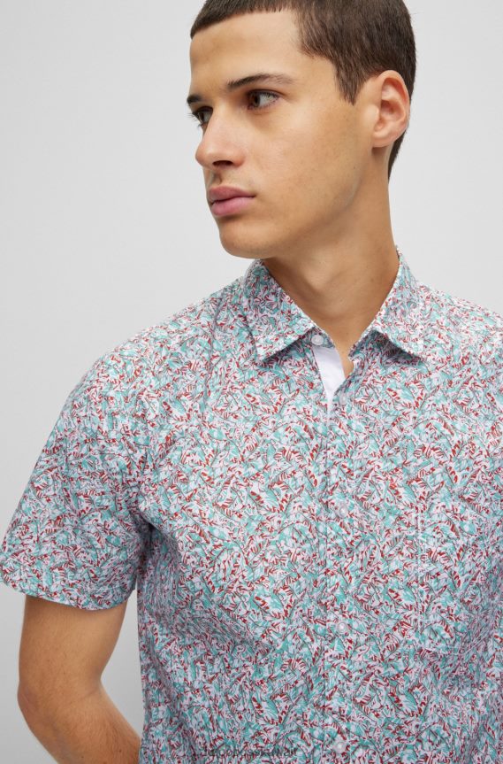 4TFNJN3907 أبيض Hugo Boss قميص أبيض بقصّة ضيّقة مصنوع من قطن هوغو المطاطي المطبوع