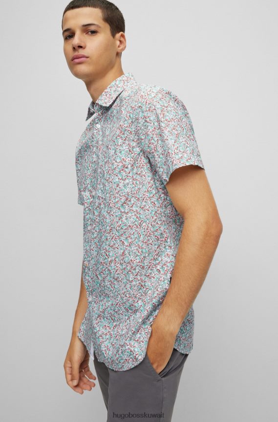 4TFNJN3907 أبيض Hugo Boss قميص أبيض بقصّة ضيّقة مصنوع من قطن هوغو المطاطي المطبوع