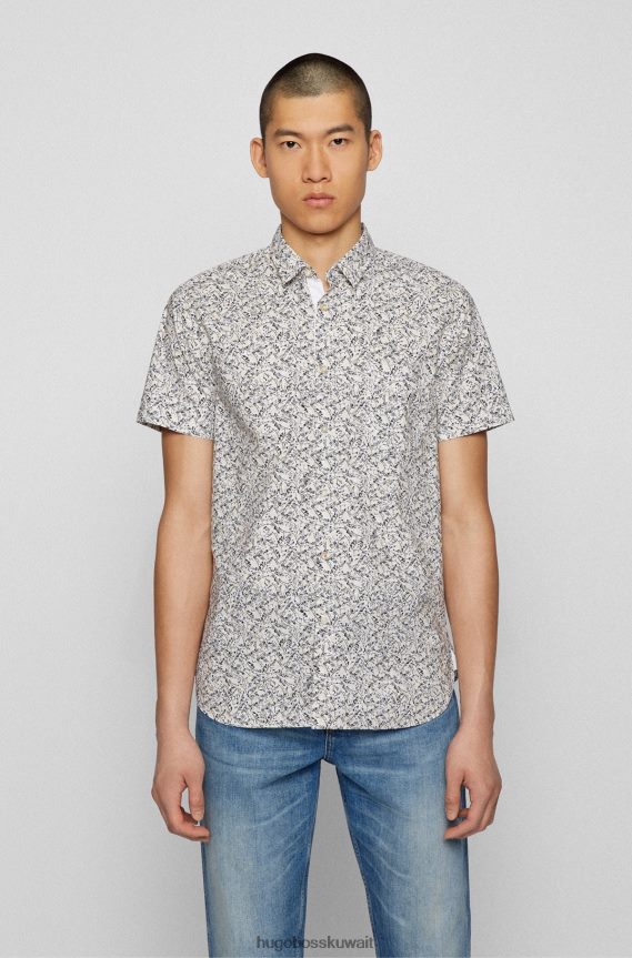 4TFNJN3908 أبيض Hugo Boss قميص بقصة ضيقة مصنوع من قطن هيوجو الأبيض المطبوع