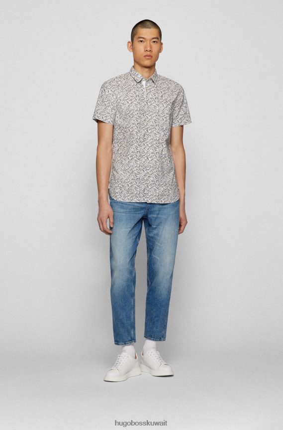 4TFNJN3908 أبيض Hugo Boss قميص بقصة ضيقة مصنوع من قطن هيوجو الأبيض المطبوع