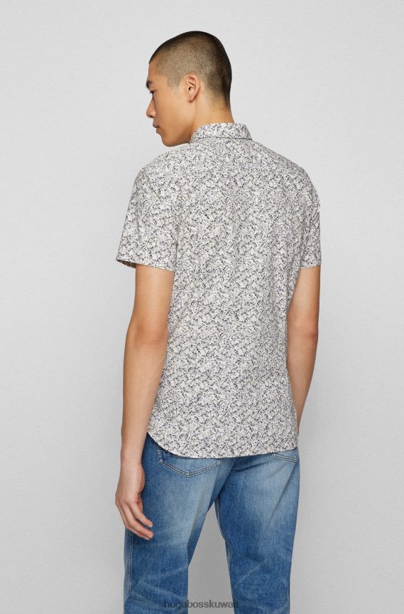 4TFNJN3908 أبيض Hugo Boss قميص بقصة ضيقة مصنوع من قطن هيوجو الأبيض المطبوع