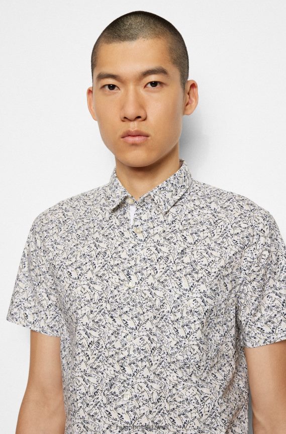 4TFNJN3908 أبيض Hugo Boss قميص بقصة ضيقة مصنوع من قطن هيوجو الأبيض المطبوع