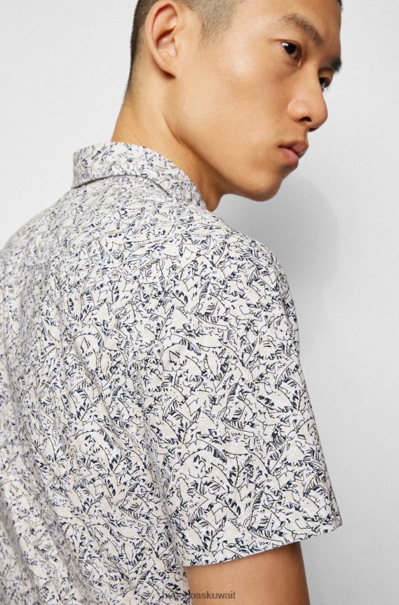 4TFNJN3908 أبيض Hugo Boss قميص بقصة ضيقة مصنوع من قطن هيوجو الأبيض المطبوع