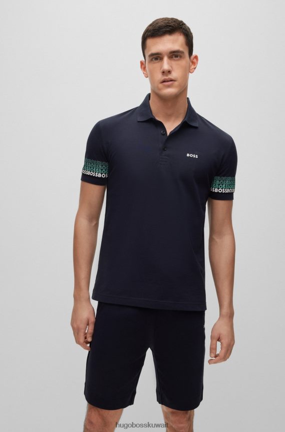 4TFNJN3914 أزرق غامق Hugo Boss قميص بولو من قطن بيكيه جاكار مع شعارات متعددة الألوان باللون الأزرق الداكن