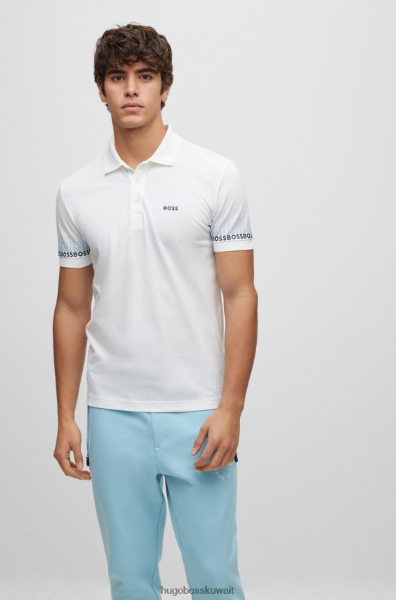 4TFNJN3916 أبيض Hugo Boss قميص بولو من قطن بيكيه جاكار مع شعارات متعددة الألوان باللون الأبيض
