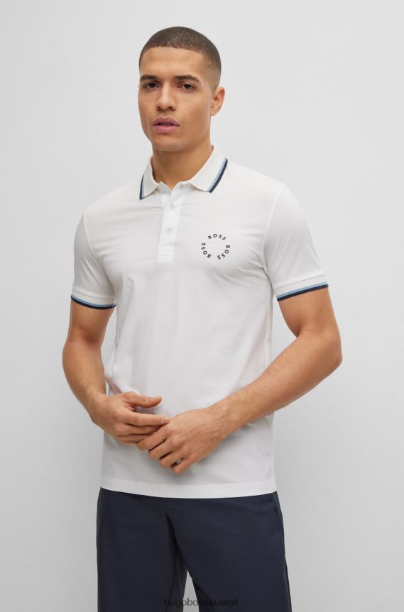 4TFNJN3925 أبيض Hugo Boss قميص بولو من Hugo مصنوع من القطن المطاطي بقصة ضيقة وعلامة تجارية دائرية باللون الأبيض