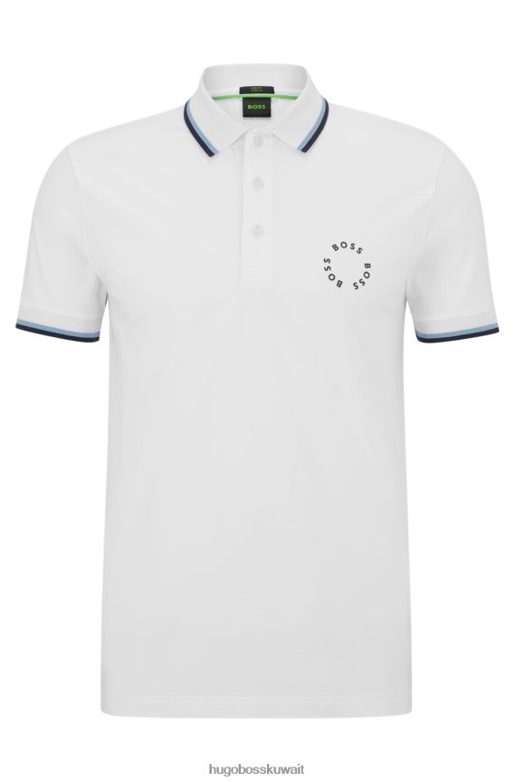 4TFNJN3925 أبيض Hugo Boss قميص بولو من Hugo مصنوع من القطن المطاطي بقصة ضيقة وعلامة تجارية دائرية باللون الأبيض