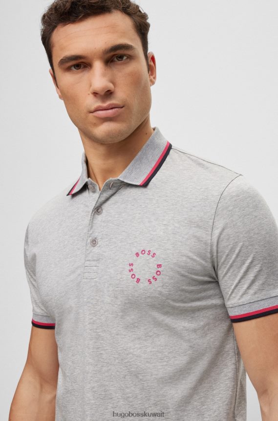 4TFNJN3926 رمادي فاتح Hugo Boss قميص بولو من القطن المطاطي بقصة ضيقة مع علامة تجارية دائرية باللون الرمادي الفاتح