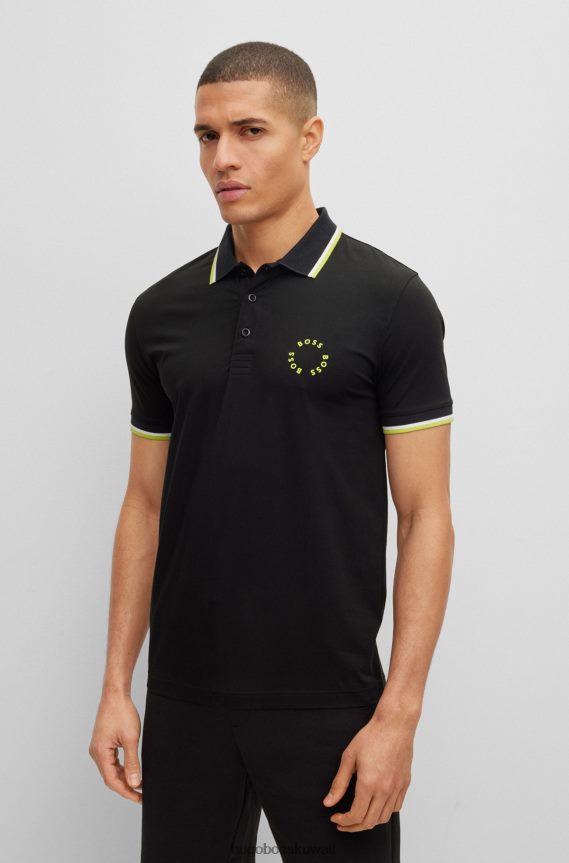 4TFNJN3927 أسود Hugo Boss قميص بولو أسود من القطن المطاطي ذو قصة ضيقة مع علامة هوغو الدائرية