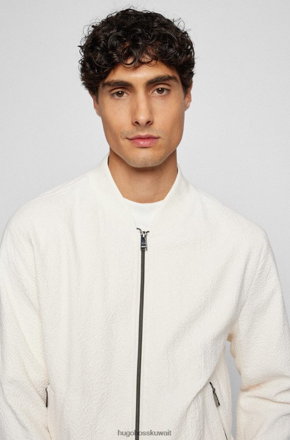 4TFNJN3938 أبيض Hugo Boss سترة ضيقة بسحاب مصنوعة من قماش قطني مطاطي باللون الأبيض