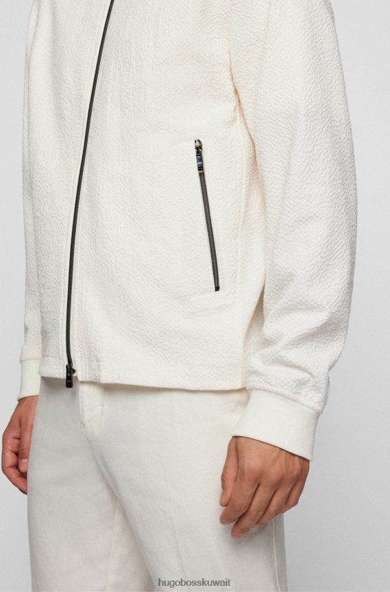 4TFNJN3938 أبيض Hugo Boss سترة ضيقة بسحاب مصنوعة من قماش قطني مطاطي باللون الأبيض