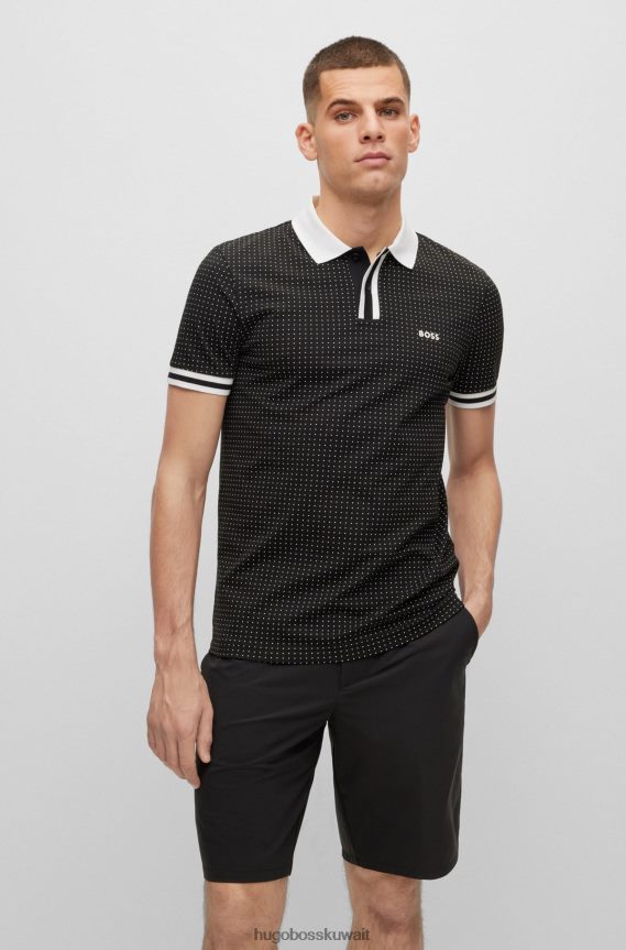 4TFNJN3941 أسود Hugo Boss قميص بولو أسود من هوغو مصنوع من القطن المطاطي بقصة ضيقة وطبعة منقطة