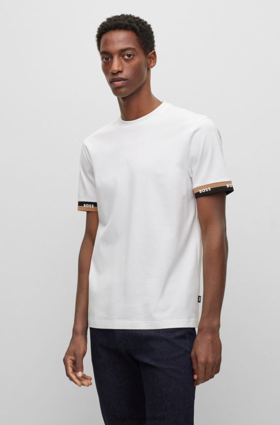 4TFNJN3944 أبيض Hugo Boss تي شيرت من القطن المرسيري بقصّة عادية وأصفاد شعار باللون الأبيض