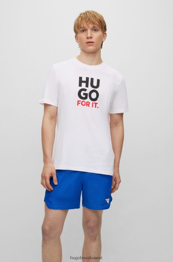 4TFNJN3949 أبيض Hugo Boss تيشيرت هوغو من الجيرسي القطني مع طباعة شعار مكدس وشعار باللون الأبيض