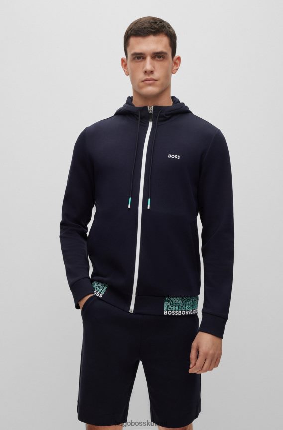 4TFNJN3959 أزرق غامق Hugo Boss هودي بسحاب مع شعارات متعددة الألوان باللون الأزرق الداكن