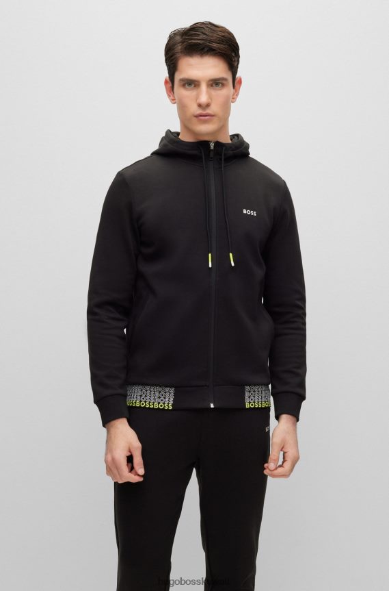 4TFNJN3960 أسود Hugo Boss هودي هوغو أسود بسحاب مع شعارات متعددة الألوان
