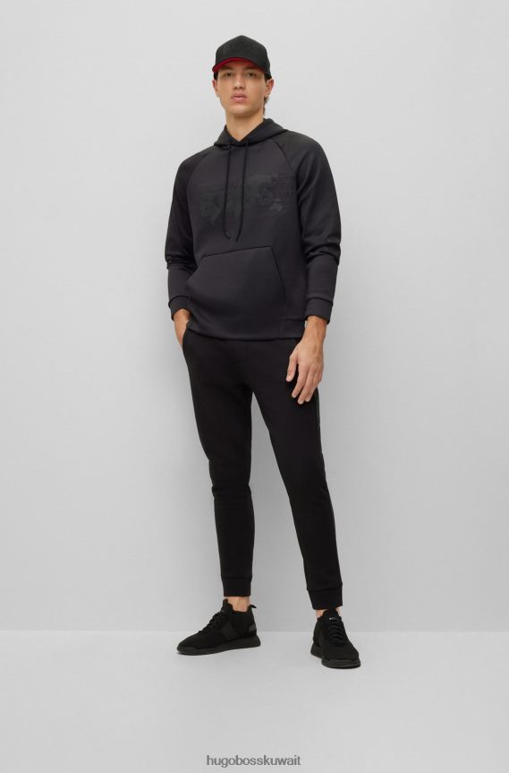 4TFNJN3965 أسود Hugo Boss سترة بغطاء للرأس مطاطة ومتشابكة ومريحة مع شعار حجر الراين باللون الأسود