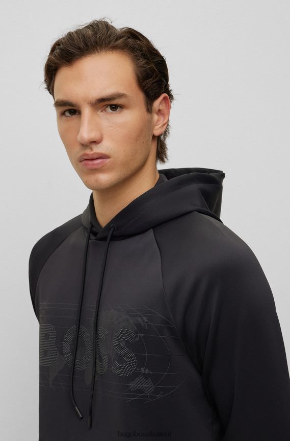 4TFNJN3965 أسود Hugo Boss سترة بغطاء للرأس مطاطة ومتشابكة ومريحة مع شعار حجر الراين باللون الأسود