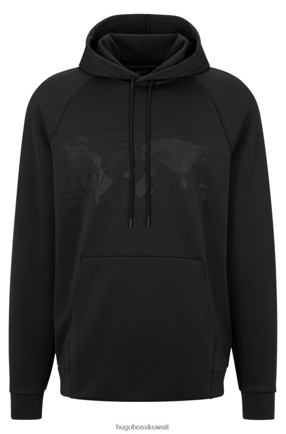 4TFNJN3965 أسود Hugo Boss سترة بغطاء للرأس مطاطة ومتشابكة ومريحة مع شعار حجر الراين باللون الأسود