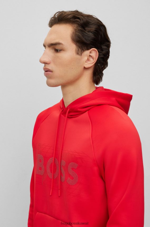4TFNJN3966 أحمر Hugo Boss هودي هوغو أحمر اللون بمقاس مريح ومطاط ومتشابك مع شعار حجر الراين