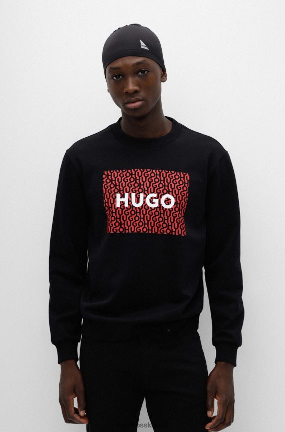 4TFNJN3973 أسود Hugo Boss سويت شيرت هوغو من قطن تيري ذو قصة مريحة مع طباعة الشعار