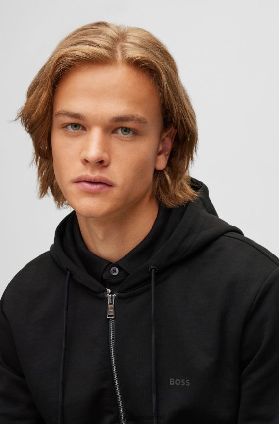 4TFNJN3975 أسود Hugo Boss سويت شيرت هوغو بغطاء رأس من القطن العضوي مع شعار مطبوع بالمطاط باللون الأسود