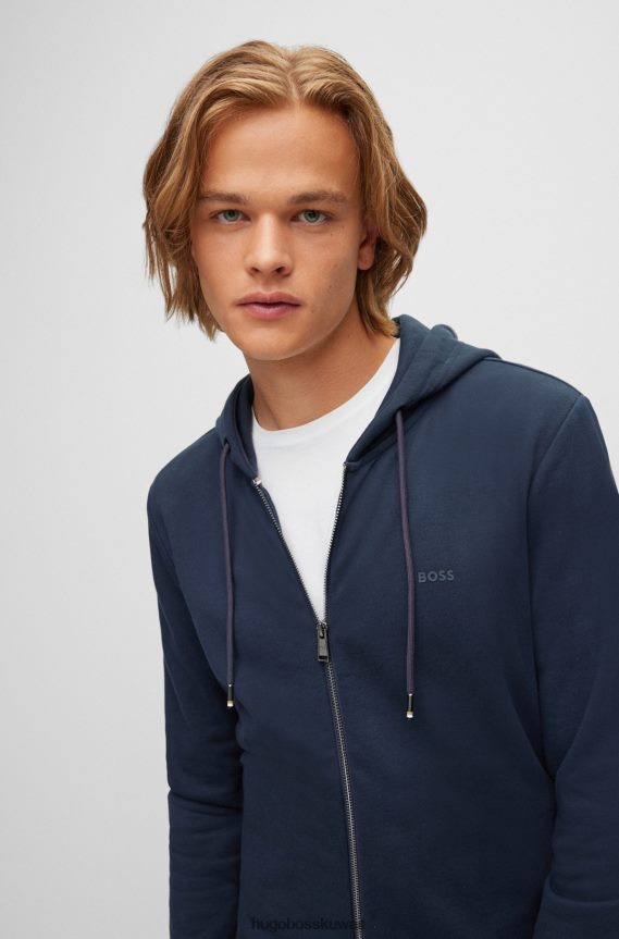 4TFNJN3976 أزرق غامق Hugo Boss سويت شيرت من القطن العضوي بغطاء رأس مع شعار مطاطي مطبوع باللون الأزرق الداكن