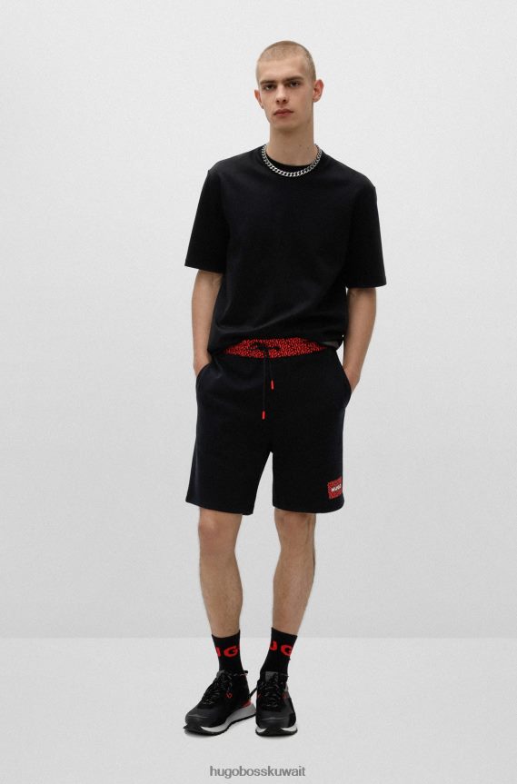 4TFNJN3983 أسود Hugo Boss شورت أسود من قطن تيري الفرنسي مع حزام خصر بشعار متكرر