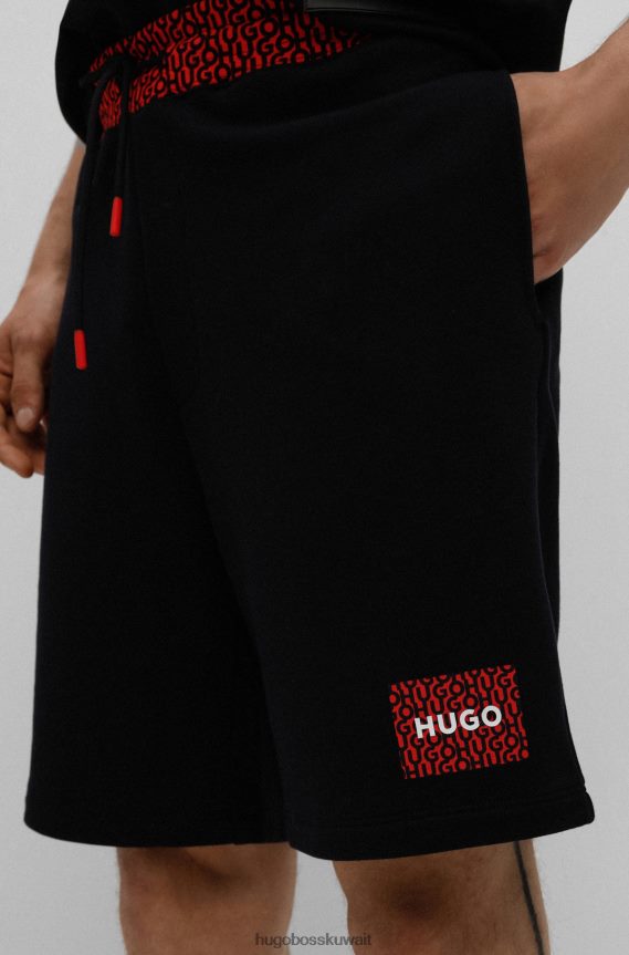4TFNJN3983 أسود Hugo Boss شورت أسود من قطن تيري الفرنسي مع حزام خصر بشعار متكرر