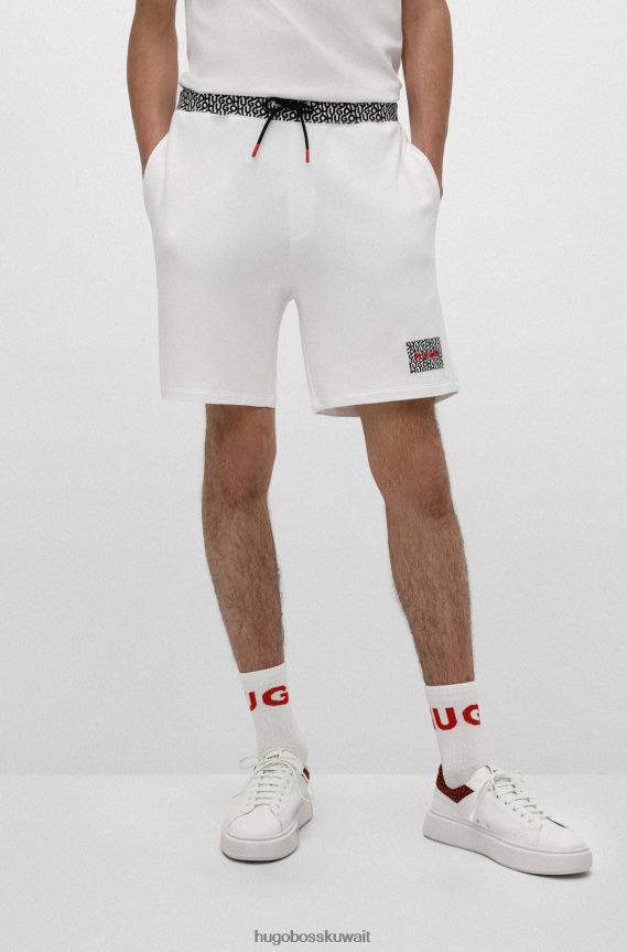 4TFNJN3984 أبيض Hugo Boss شورت من قطن تيري الفرنسي مع حزام خصر بشعار متكرر باللون الأبيض