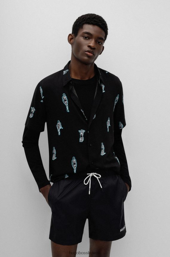 4TFNJN3985 أسود Hugo Boss قميص هوغو أسود قصير الأكمام مريح مع عمل فني للروبوت