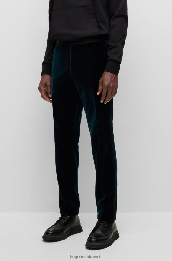 4TFNJN3990 الفيروز Hugo Boss بنطلون توكسيدو بقصّة ضيّقة مصنوع من القطن الخالص والمخمل باللون الفيروزي