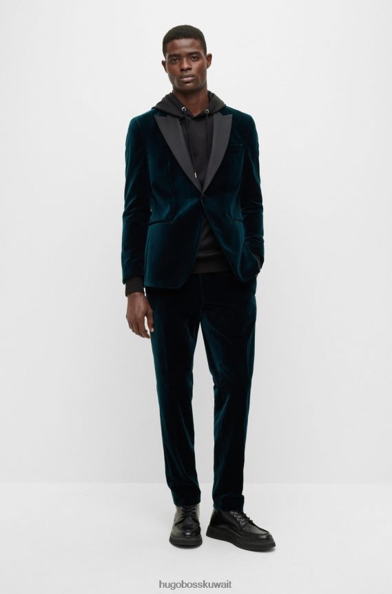 4TFNJN3990 الفيروز Hugo Boss بنطلون توكسيدو بقصّة ضيّقة مصنوع من القطن الخالص والمخمل باللون الفيروزي