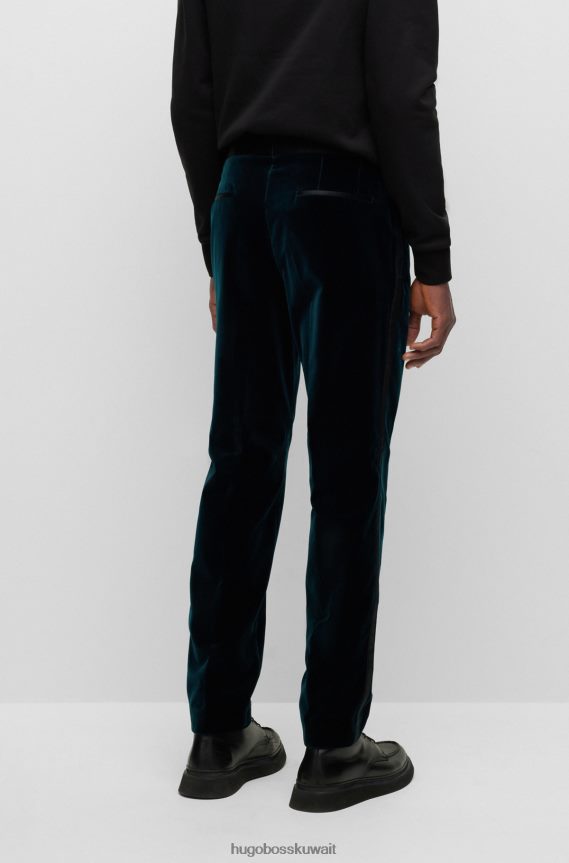 4TFNJN3990 الفيروز Hugo Boss بنطلون توكسيدو بقصّة ضيّقة مصنوع من القطن الخالص والمخمل باللون الفيروزي