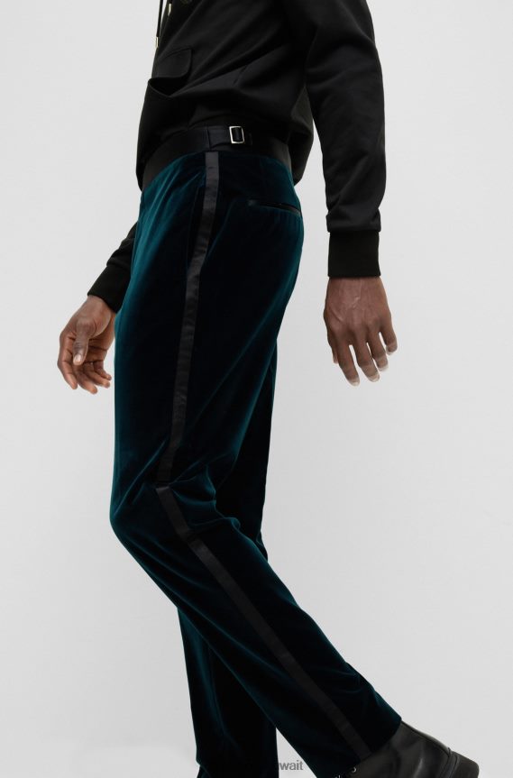 4TFNJN3990 الفيروز Hugo Boss بنطلون توكسيدو بقصّة ضيّقة مصنوع من القطن الخالص والمخمل باللون الفيروزي